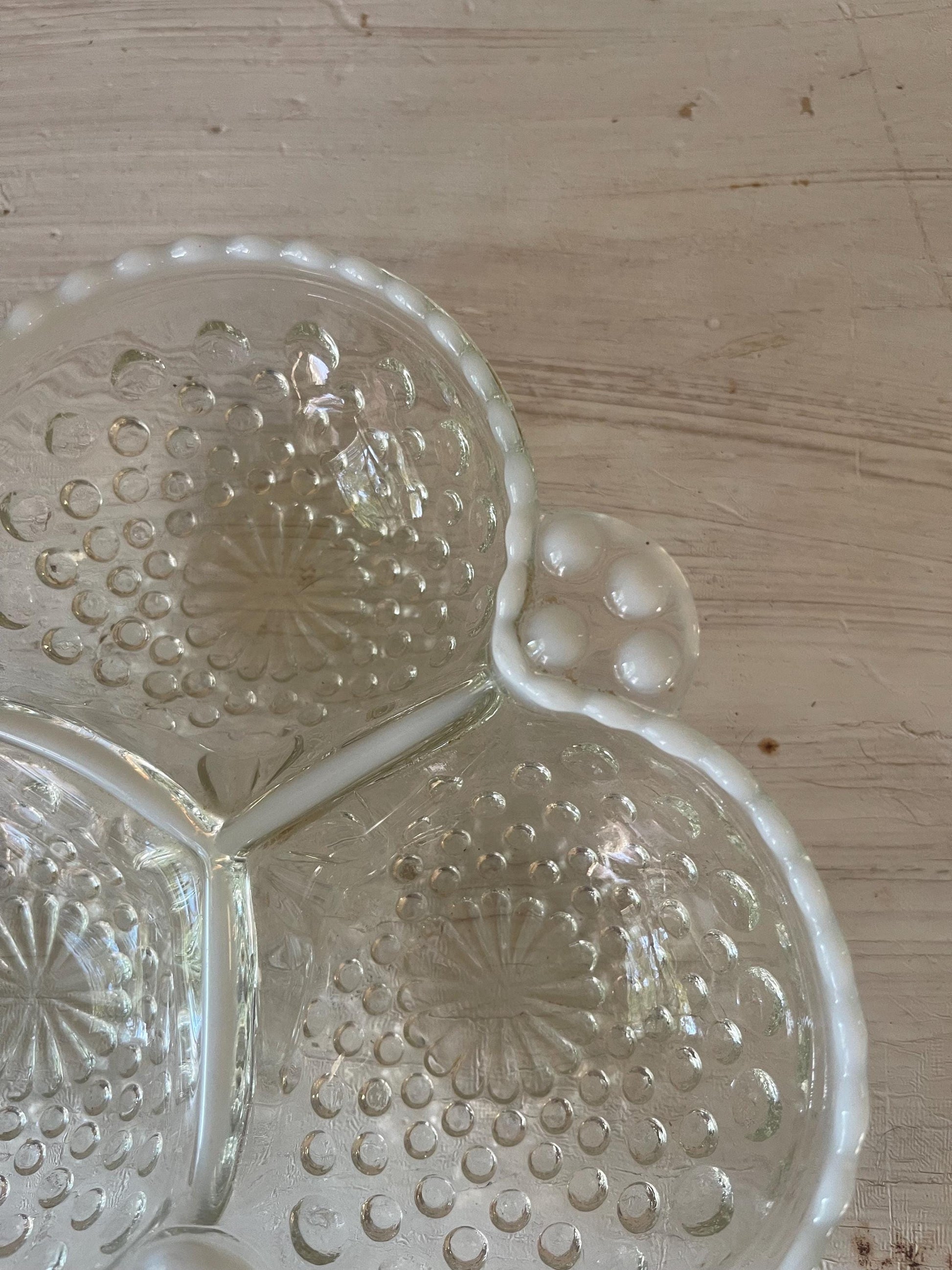 Vintage Fenton Moonstone Candy Dish: Opalescent Hobnail Clover Nut Relish