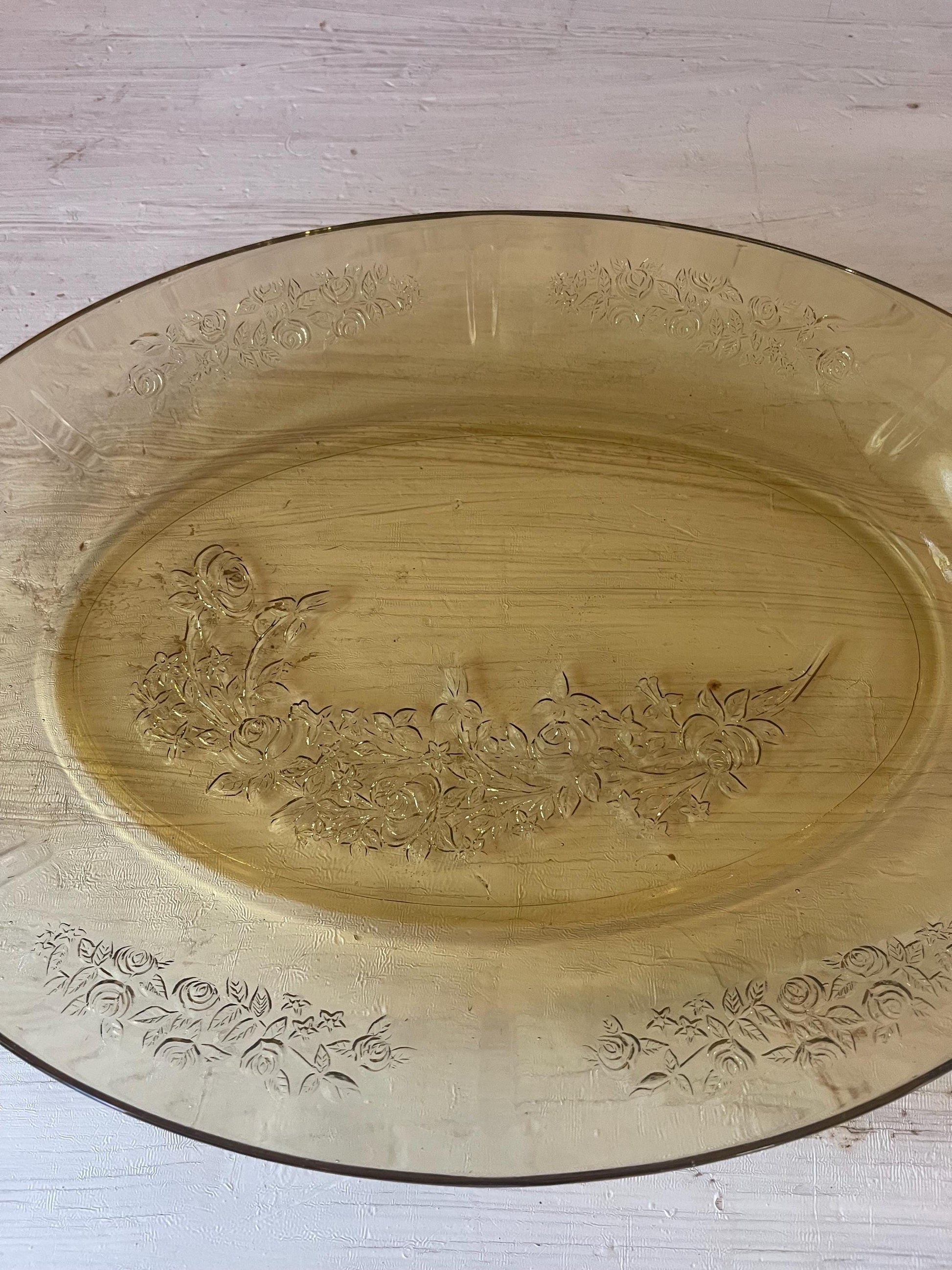 Federal Glass Yellow Depression Glass Serving Platter Sharon Cabbage Rose Pattern | Yellow Depression Glass | Depression Glass Pattern