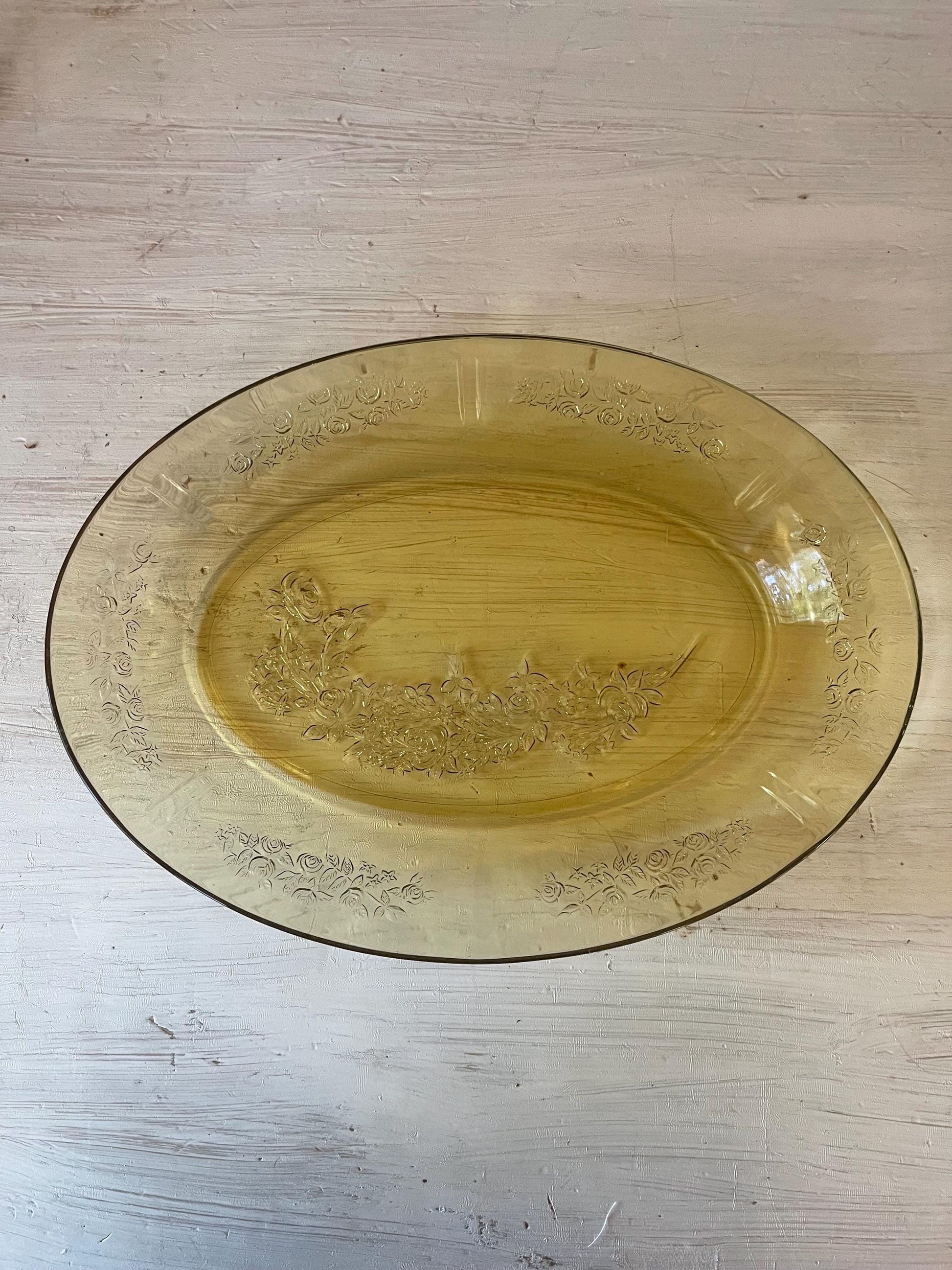 Federal Glass Yellow Depression Glass Serving Platter Sharon Cabbage Rose Pattern | Yellow Depression Glass | Depression Glass Pattern