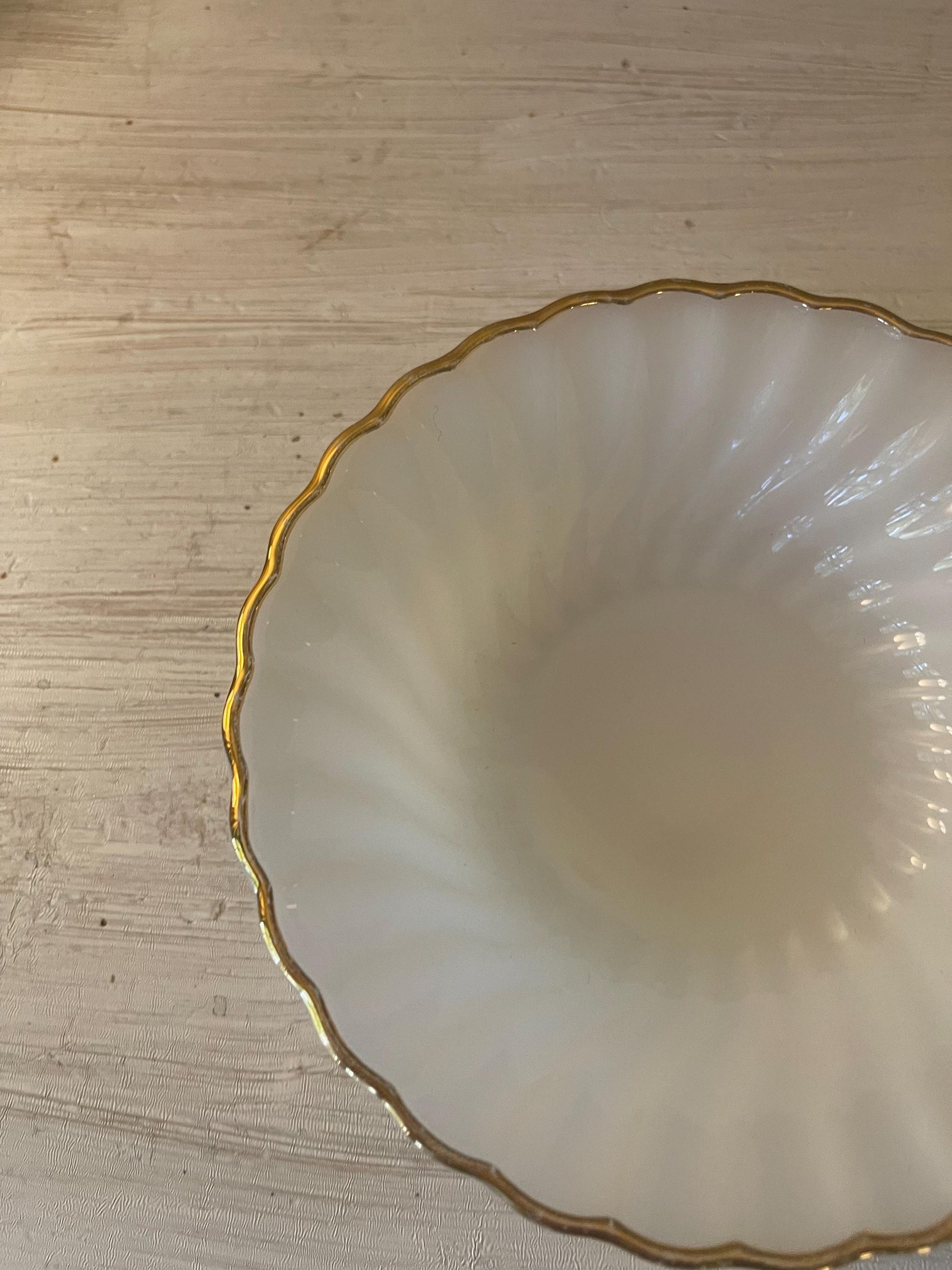 Fire King Golden Anniversary Shell Berry Dessert Bowl | Vintage Fire King Milk Glass Swirl | Gold Rim Milk Glass 5 Inch Bowl