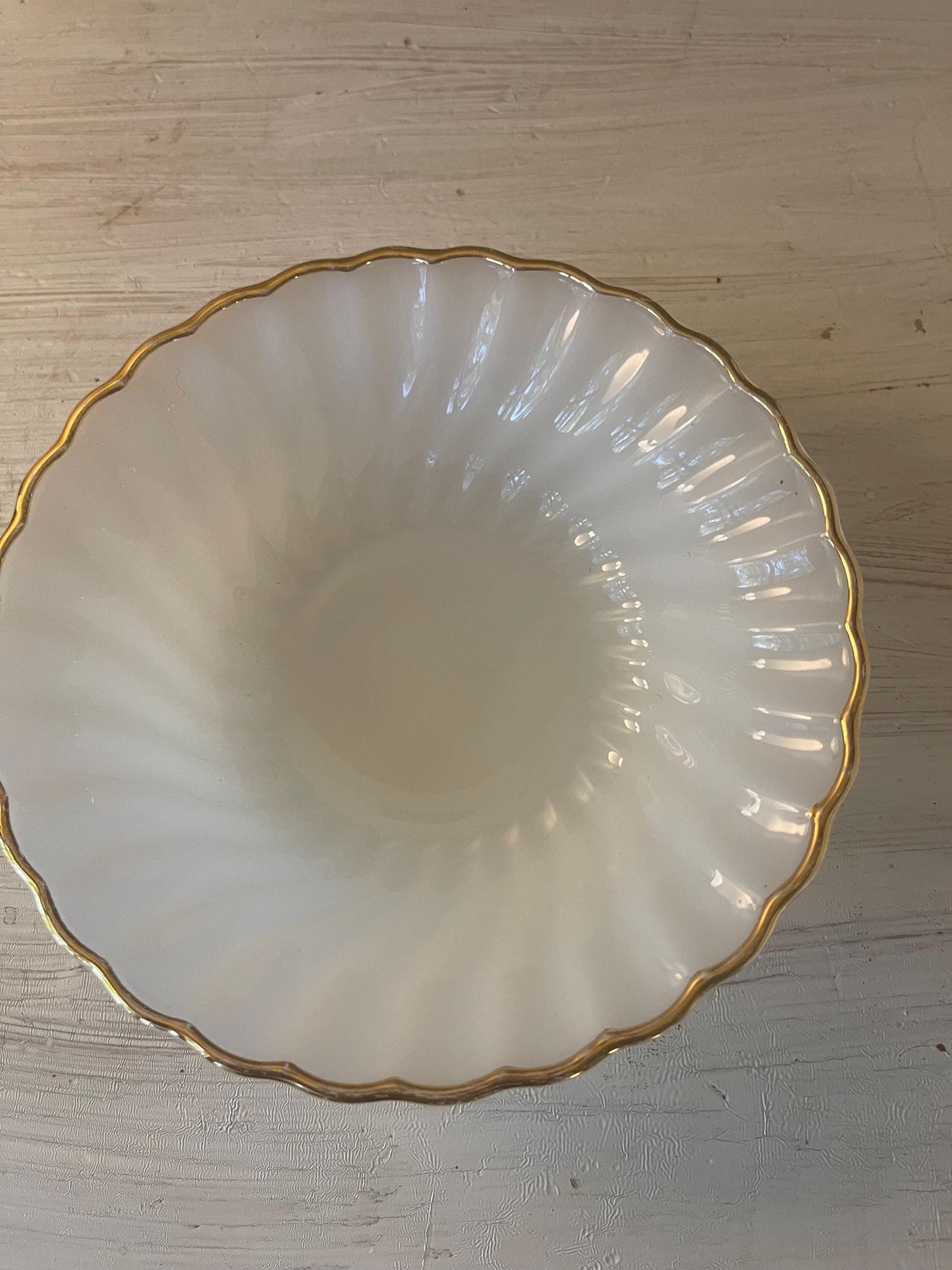Fire King Golden Anniversary Shell Berry Dessert Bowl | Vintage Fire King Milk Glass Swirl | Gold Rim Milk Glass 5 Inch Bowl