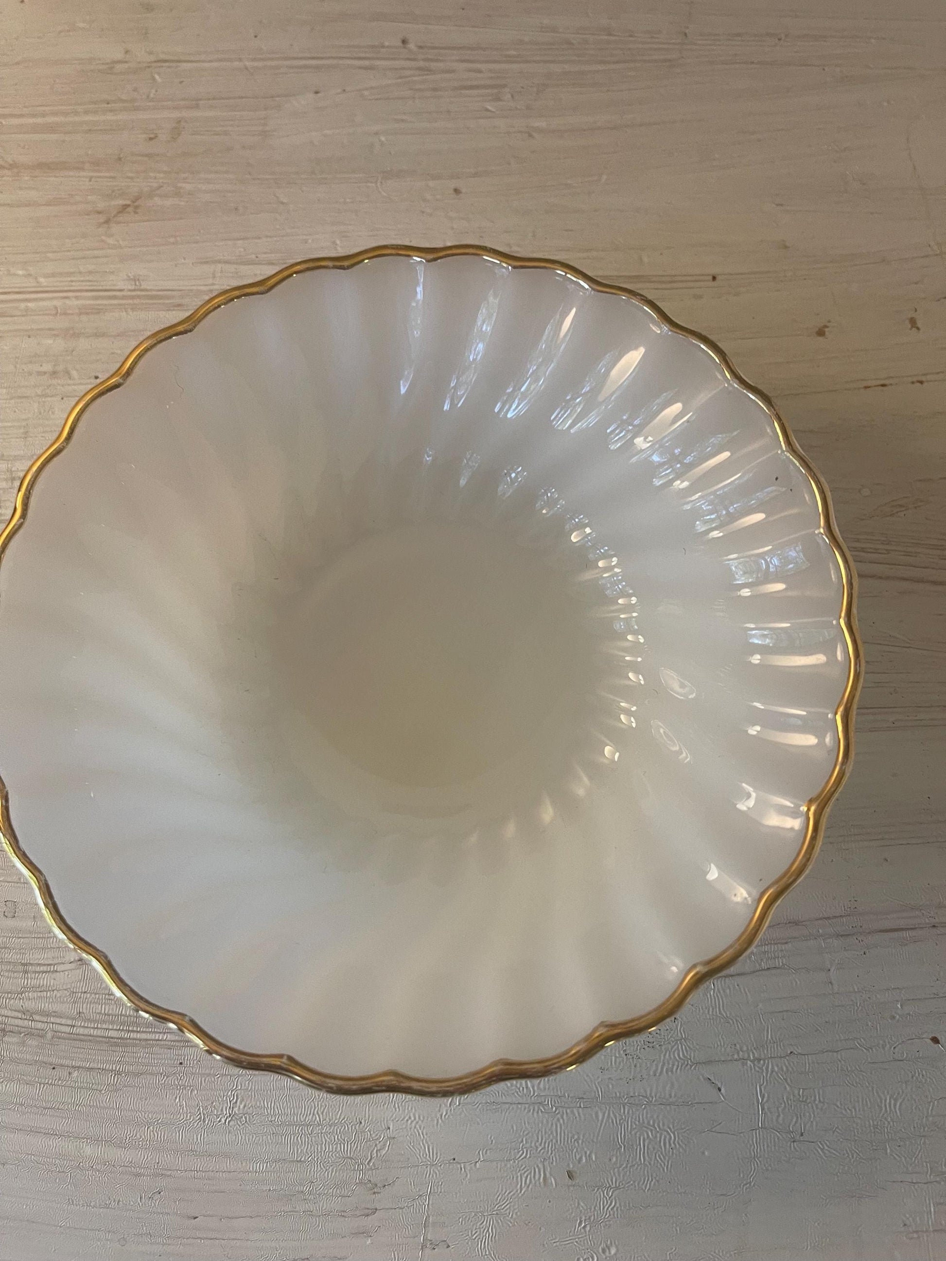 Fire King Golden Anniversary Shell Berry Dessert Bowl | Vintage Fire King Milk Glass Swirl | Gold Rim Milk Glass 5 Inch Bowl