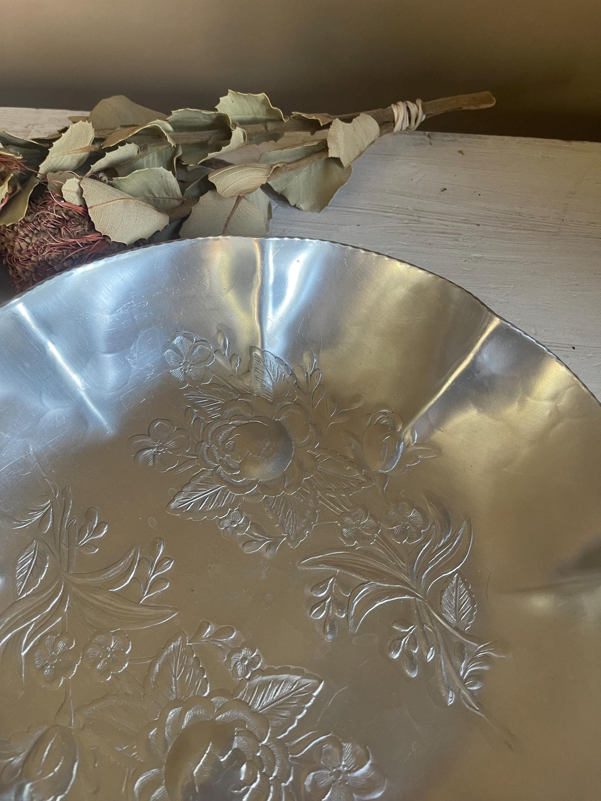 Hand Forged Hammered Aluminum Bowl: Vintage Floral Design, Ruffled Edge