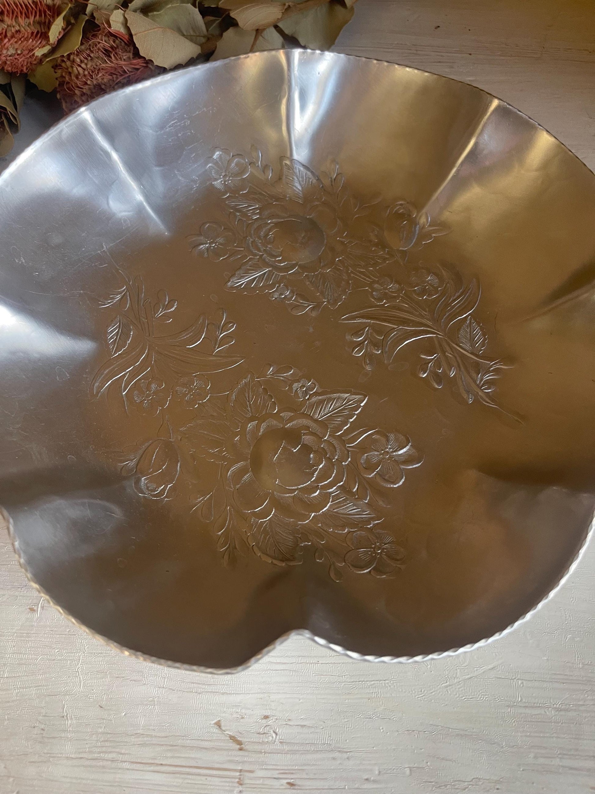 Hand Forged Hammered Aluminum Bowl: Vintage Floral Design, Ruffled Edge