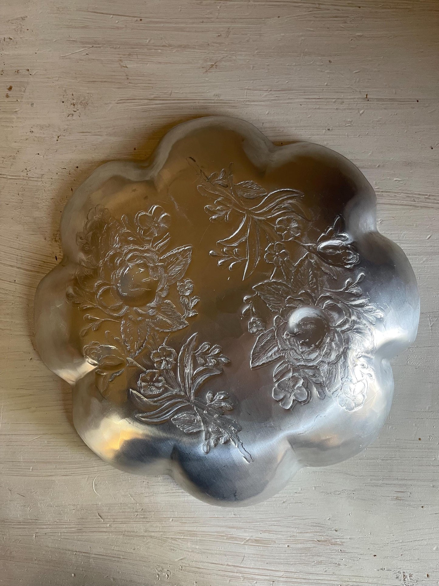 Hand Forged Hammered Aluminum Bowl: Vintage Floral Design, Ruffled Edge