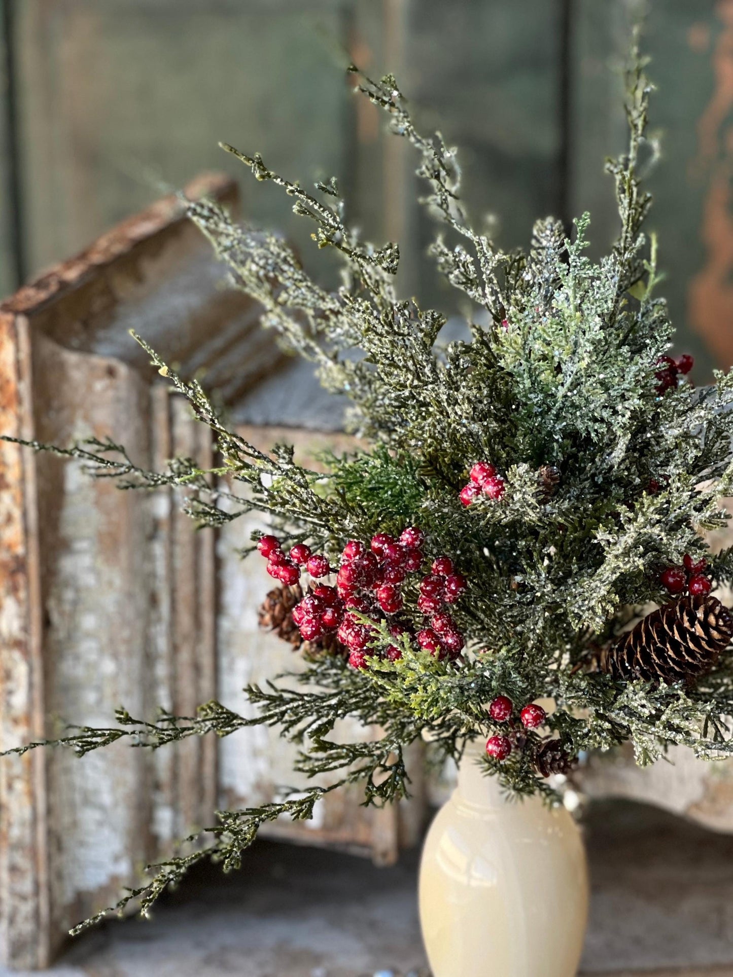 Divinity Berry Cedar Pick Set of 2 | Snow Covered Cedar Pick with Berries | Christmas Greens