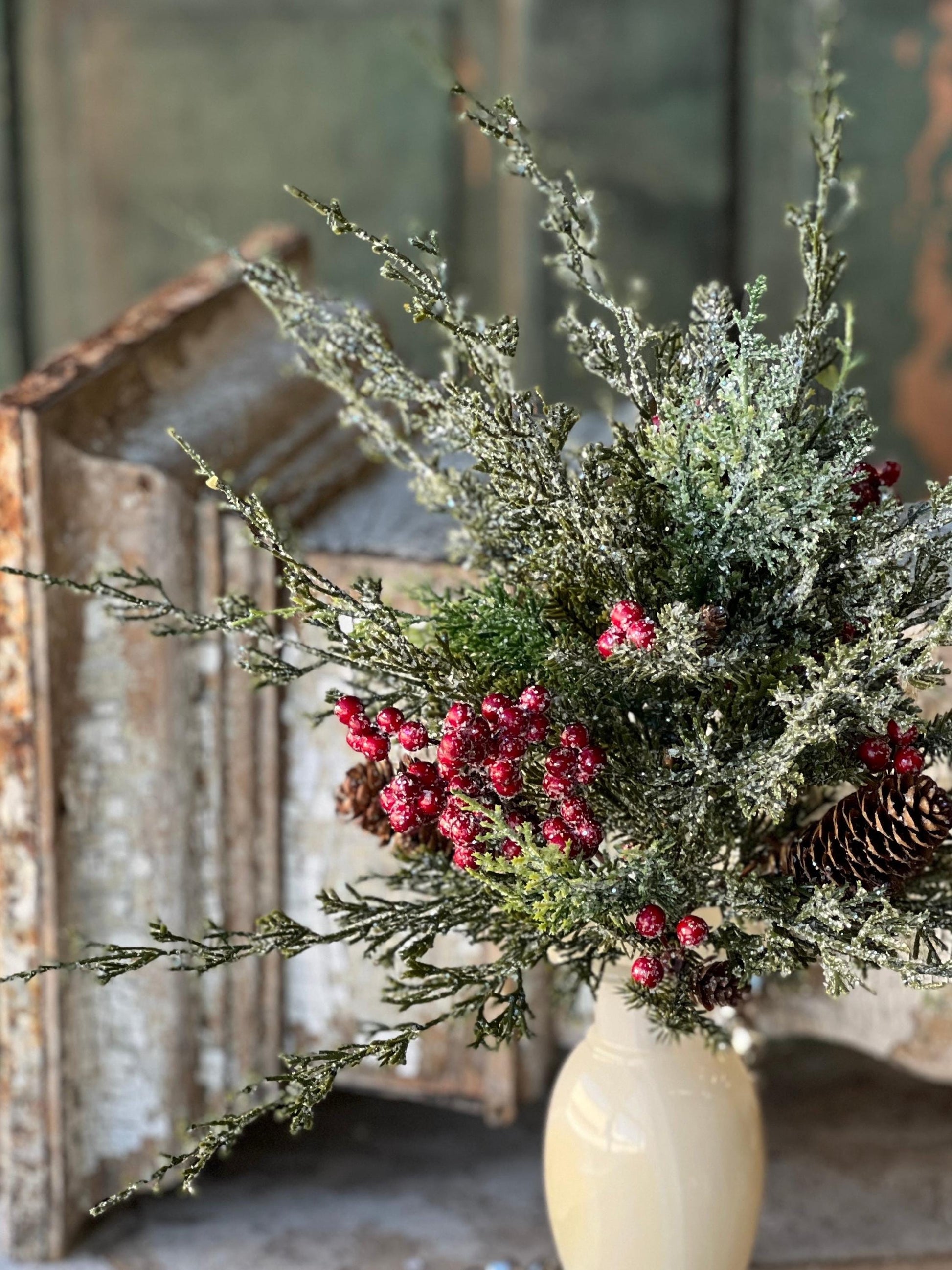 Divinity Berry Cedar Pick Set of 2 | Snow Covered Cedar Pick with Berries | Christmas Greens