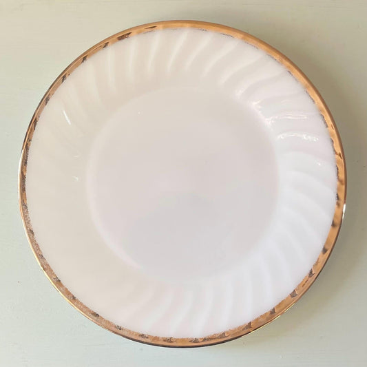 Vintage Fire King Milk Glass Plate: Golden Anniversary Swirl, Gold Rim