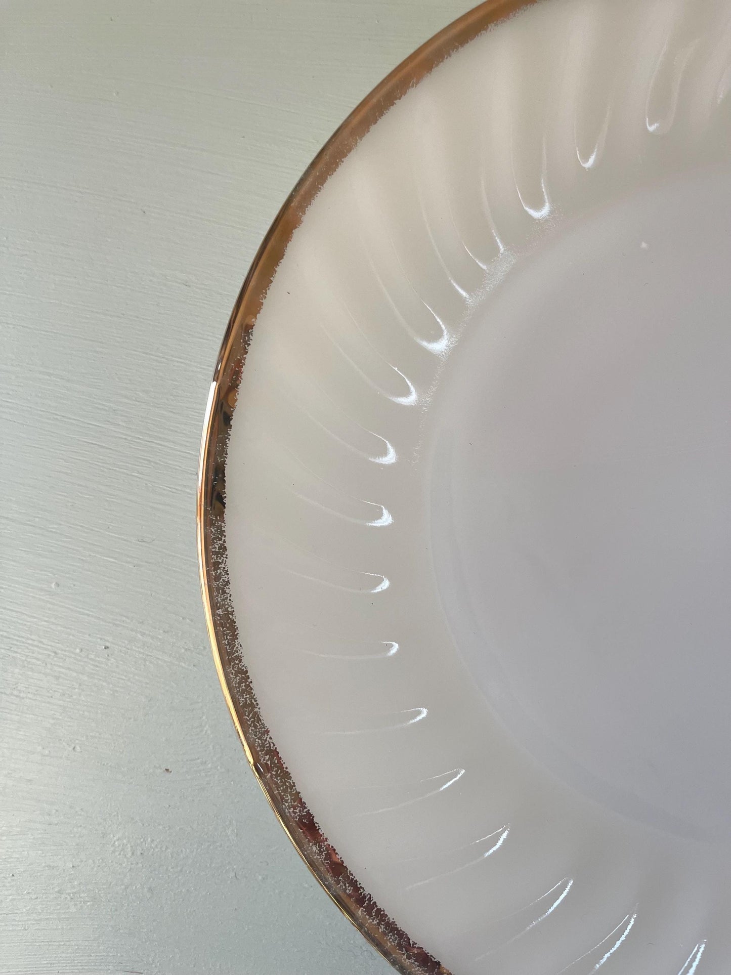 Vintage Fire King Milk Glass Plate: Golden Anniversary Swirl, Gold Rim