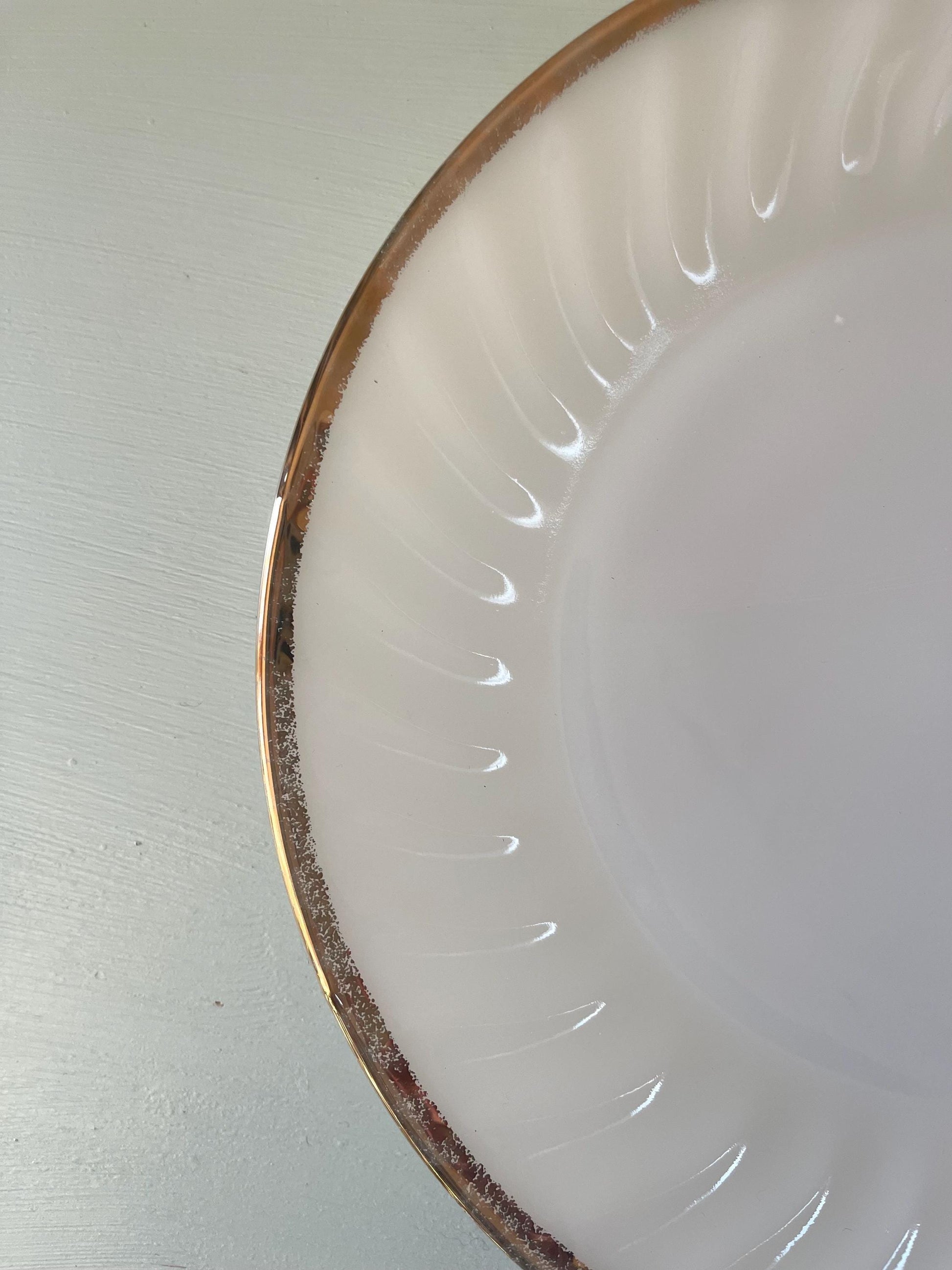 Vintage Fire King Milk Glass Plate: Golden Anniversary Swirl, Gold Rim