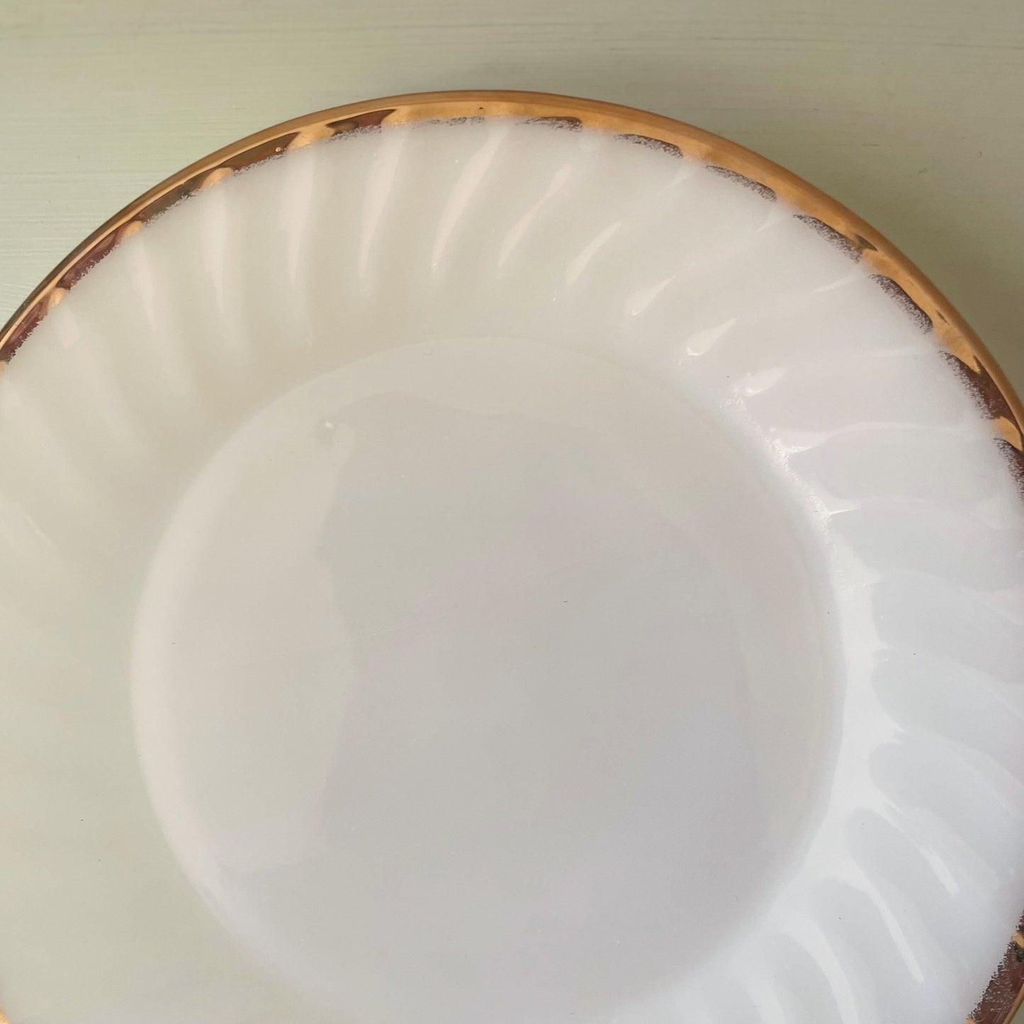 Vintage Fire King Milk Glass Plate: Golden Anniversary Swirl, Gold Rim