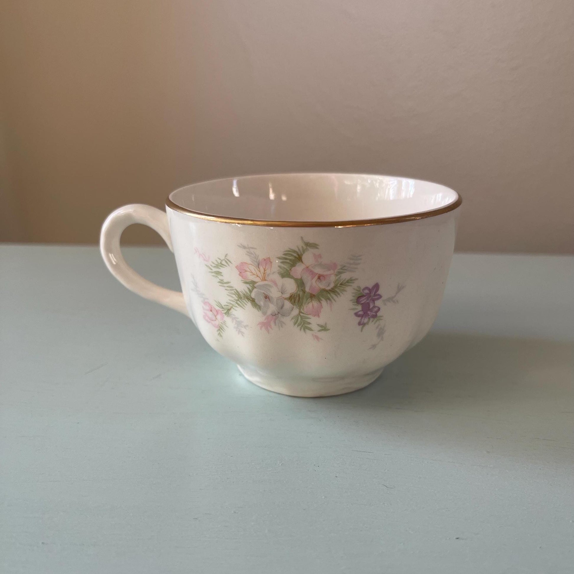 Homer Laughlin Jean Pattern Cup & Saucer Set | Vintage Cup and Saucer with Pink Flowers | Wedding or Bridal Shower Table Setting