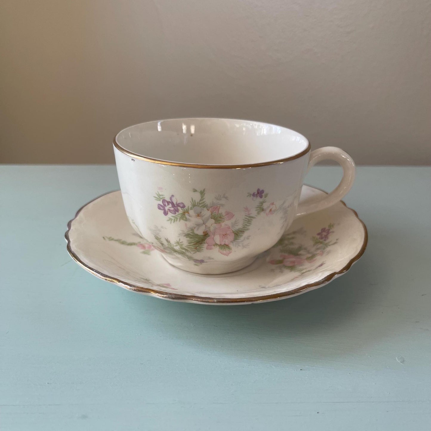 Homer Laughlin Jean Pattern Cup & Saucer Set | Vintage Cup and Saucer with Pink Flowers | Wedding or Bridal Shower Table Setting