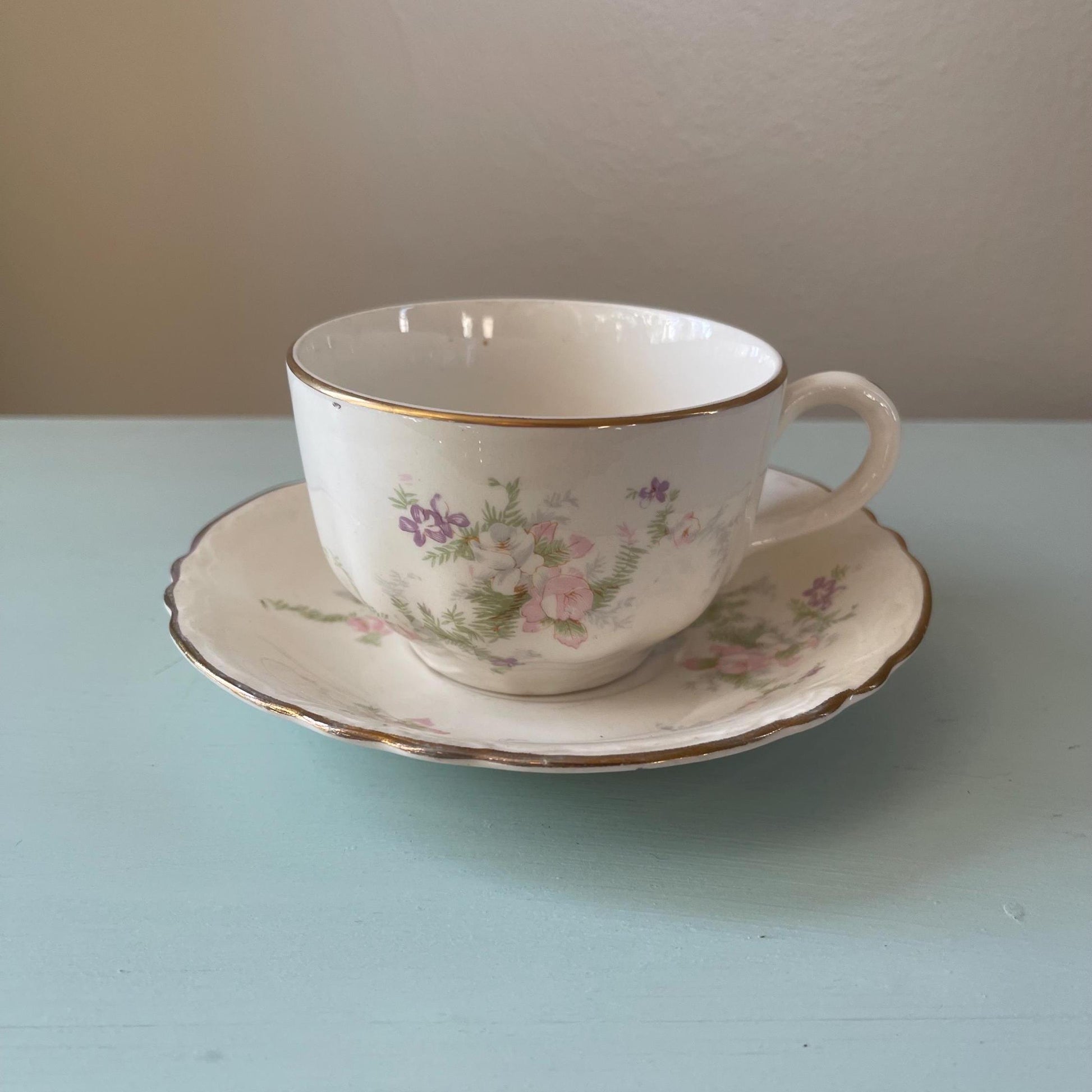 Homer Laughlin Jean Pattern Cup & Saucer Set | Vintage Cup and Saucer with Pink Flowers | Wedding or Bridal Shower Table Setting