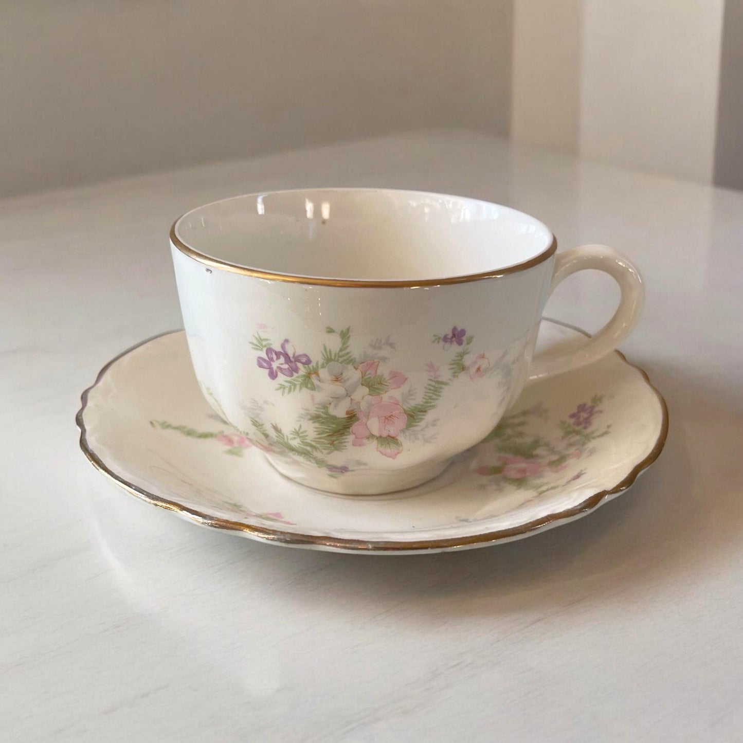 Homer Laughlin Jean Pattern Cup & Saucer Set | Vintage Cup and Saucer with Pink Flowers | Wedding or Bridal Shower Table Setting