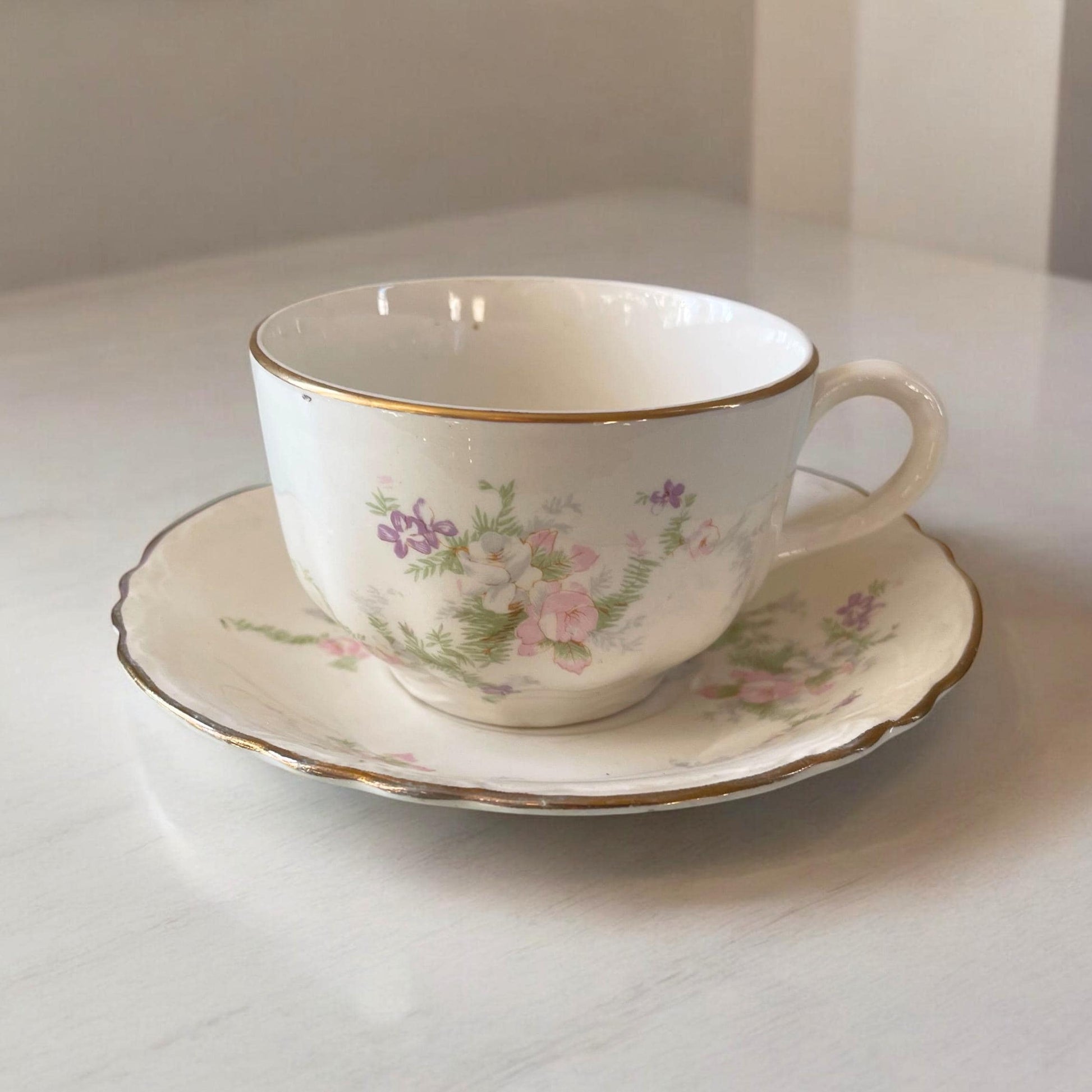 Homer Laughlin Jean Pattern Cup & Saucer Set | Vintage Cup and Saucer with Pink Flowers | Wedding or Bridal Shower Table Setting