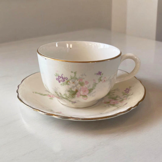 Homer Laughlin Jean Pattern Cup & Saucer Set | Vintage Cup and Saucer with Pink Flowers | Wedding or Bridal Shower Table Setting
