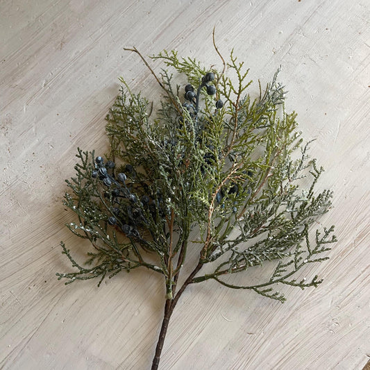 Bluestone Cedar Pick Set of 2 | Snow Covered Cedar Pick with Juniper Berries | Christmas Greens | Winter Wreath Supplies | Decor Vase Filler