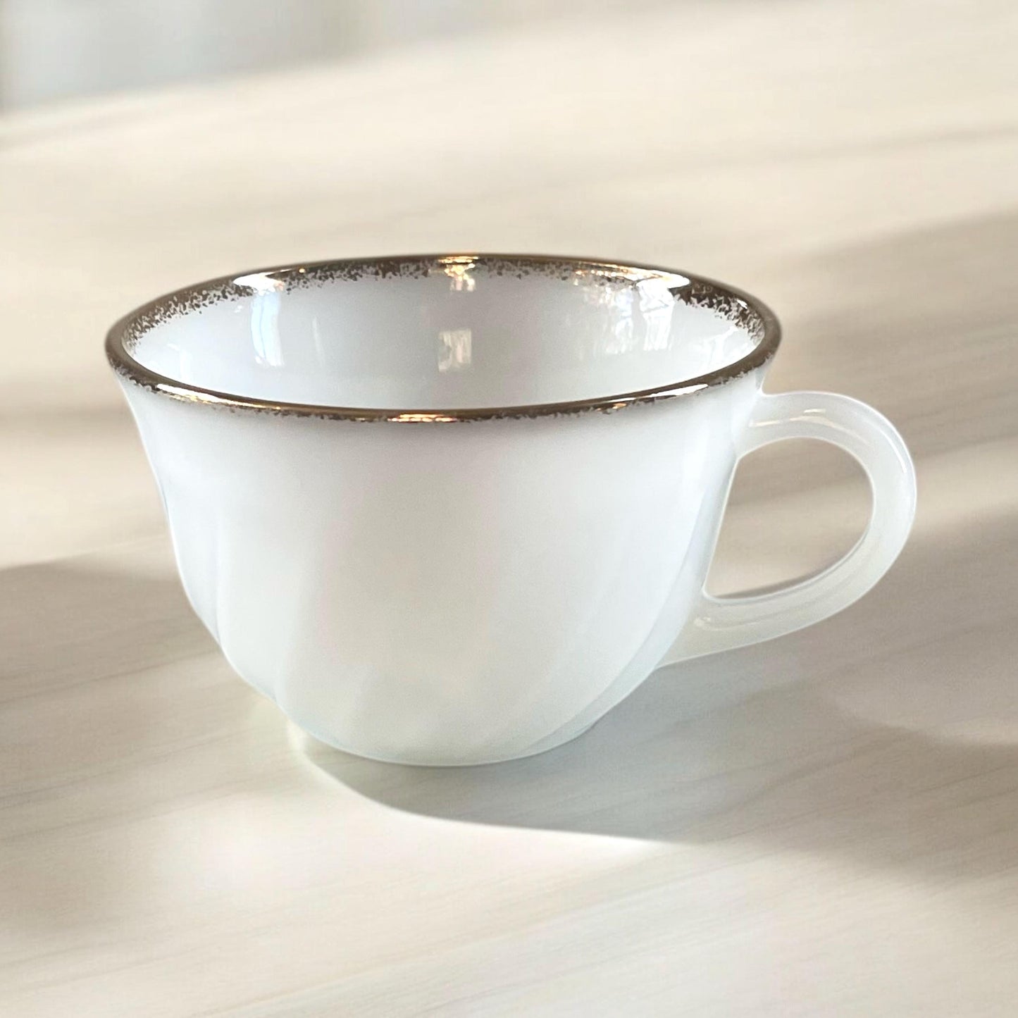 Fire King Milk Golden Anniversary Cup & Saucer | Fire King Milk Glass Swirl | Vintage Anchor Hocking Gold Rim Milk Glass Cup and Saucer