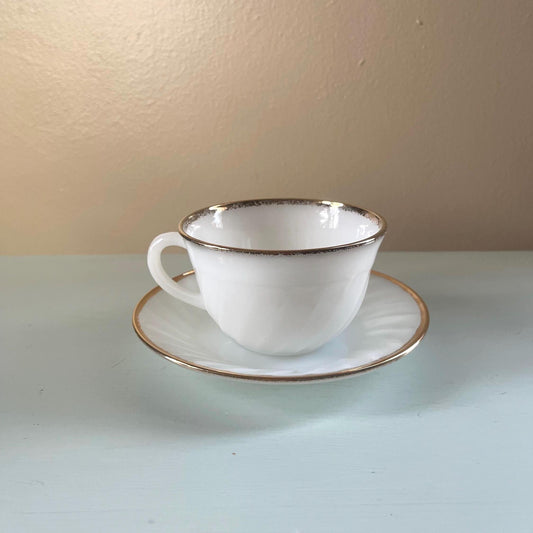Fire King Milk Golden Anniversary Cup & Saucer | Fire King Milk Glass Swirl | Vintage Anchor Hocking Gold Rim Milk Glass Cup and Saucer