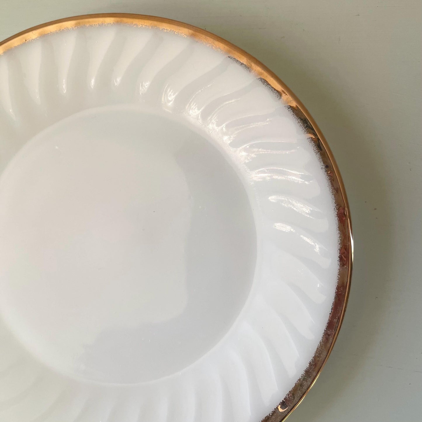 Vintage Fire King Milk Glass Plate: Golden Anniversary Swirl, Gold Rim