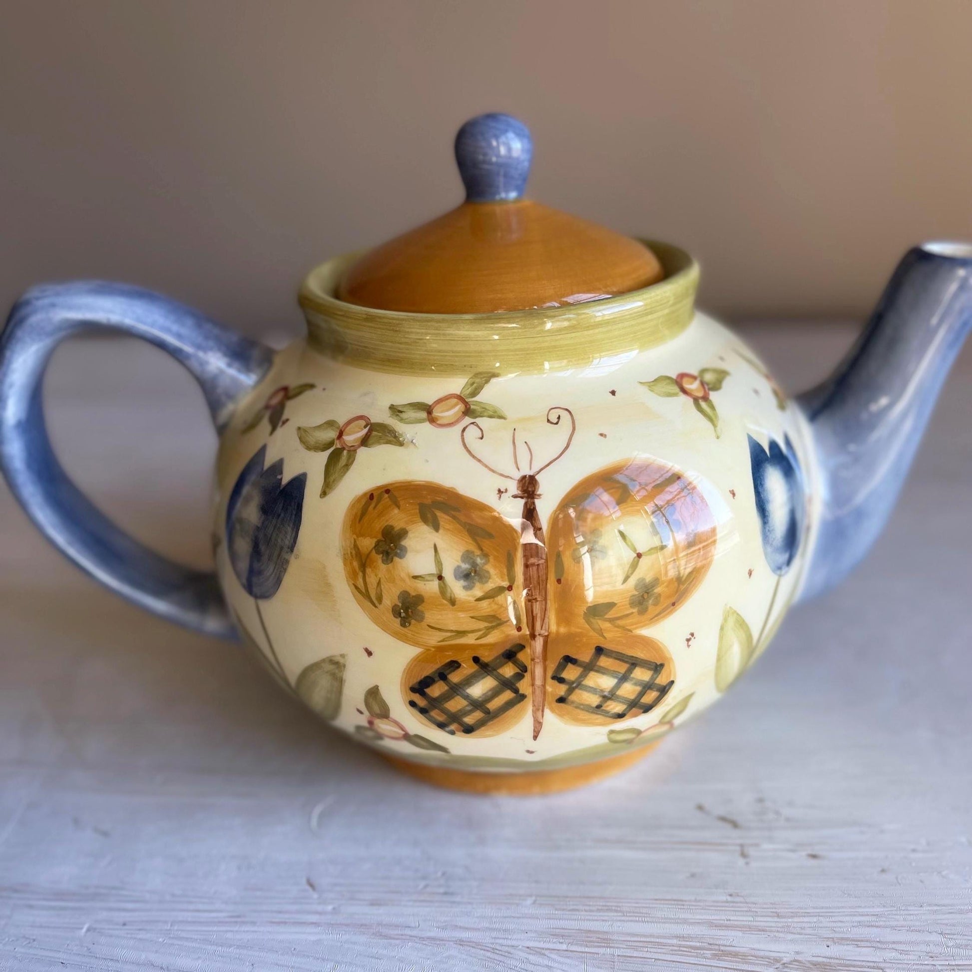 Lang Simple Life Butterfly Teapot | Hand-Painted Earthenware | Cream and Brown Garden Design | Karen Hillard Crouch Homestyle Ceramics