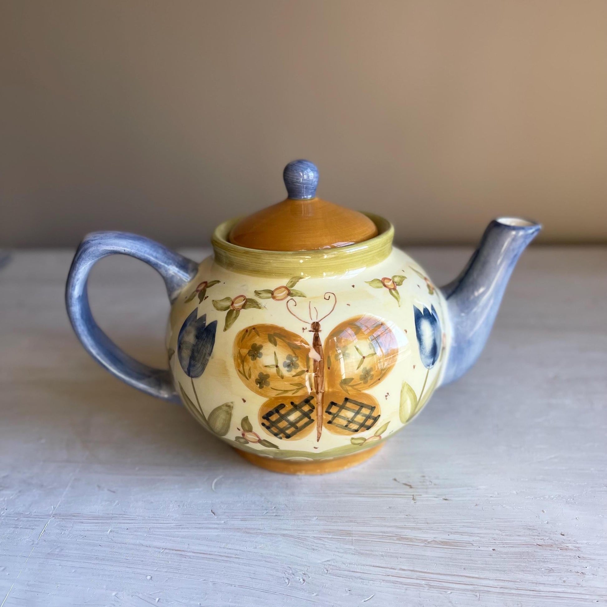 Lang Simple Life Butterfly Teapot | Hand-Painted Earthenware | Cream and Brown Garden Design | Karen Hillard Crouch Homestyle Ceramics