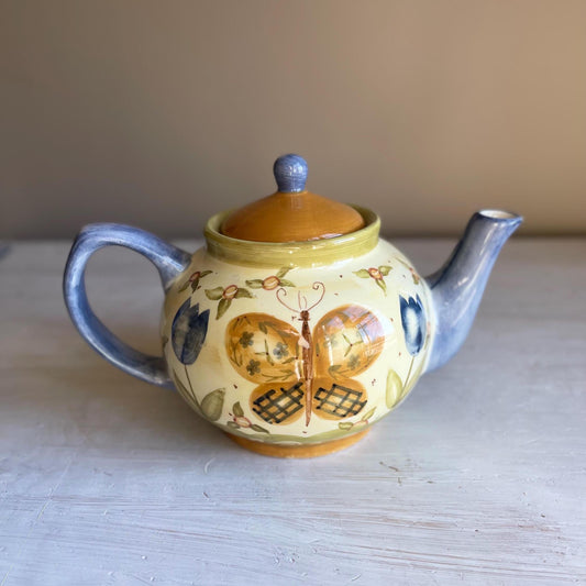 Lang Simple Life Butterfly Teapot | Hand-Painted Earthenware | Cream and Brown Garden Design | Karen Hillard Crouch Homestyle Ceramics