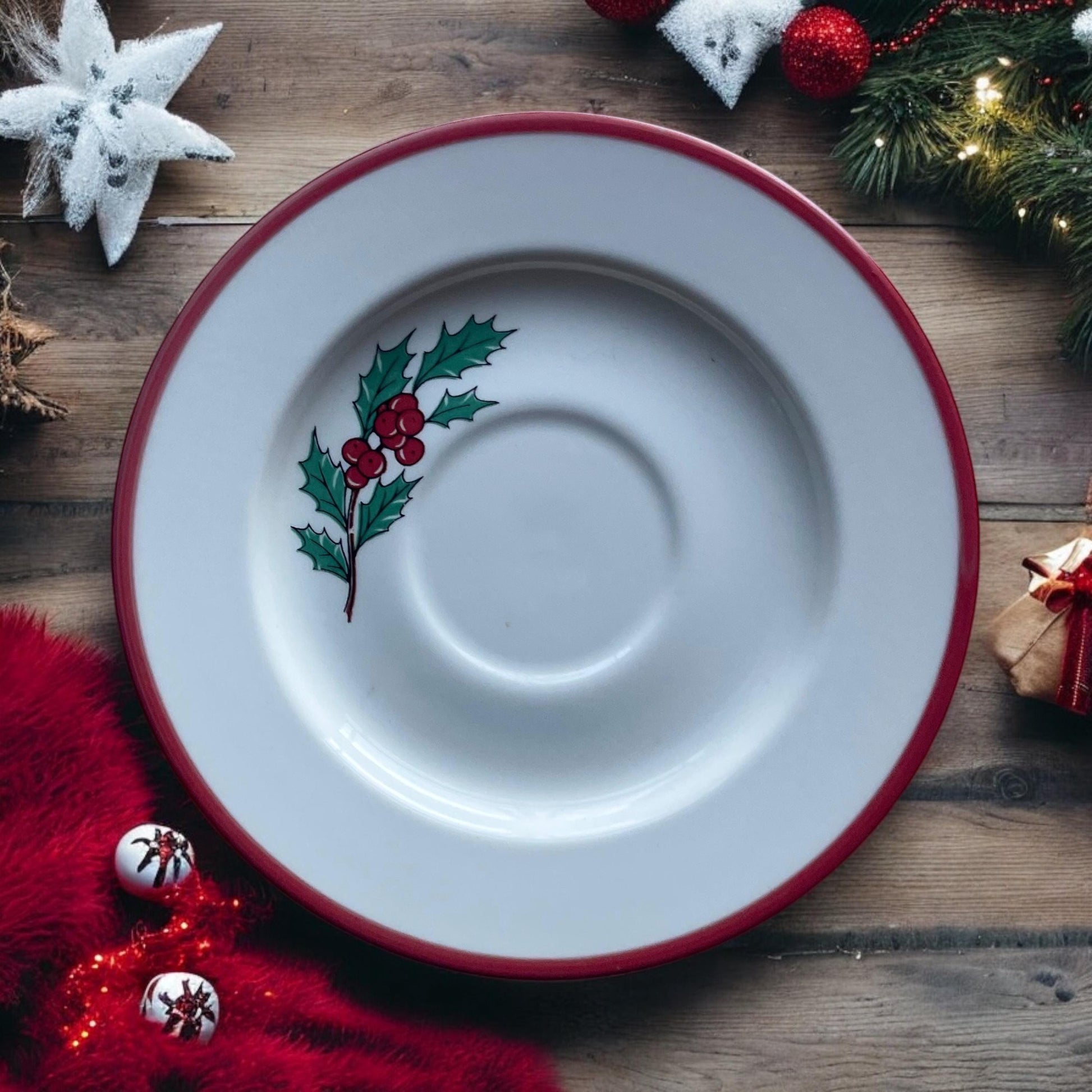 Vintage Holly Berry Saucer Set of 4 - Christmas Saucer with Orange Trim - Traditional Christmas Desert Plate by Taylor, Smith & T