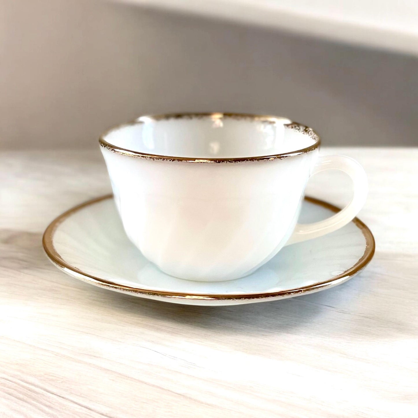 Fire King Milk Golden Anniversary Cup & Saucer | Fire King Milk Glass Swirl | Vintage Anchor Hocking Gold Rim Milk Glass Cup and Saucer