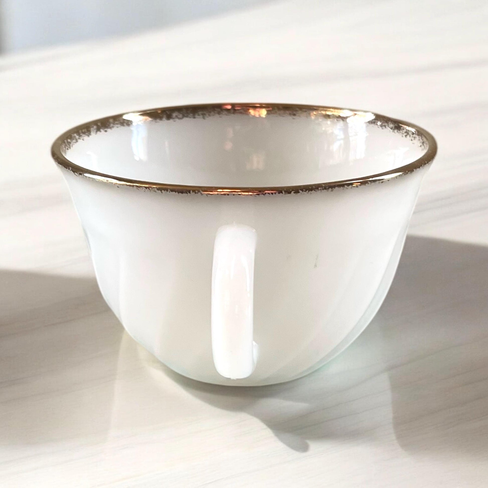Fire King Milk Golden Anniversary Cup & Saucer | Fire King Milk Glass Swirl | Vintage Anchor Hocking Gold Rim Milk Glass Cup and Saucer