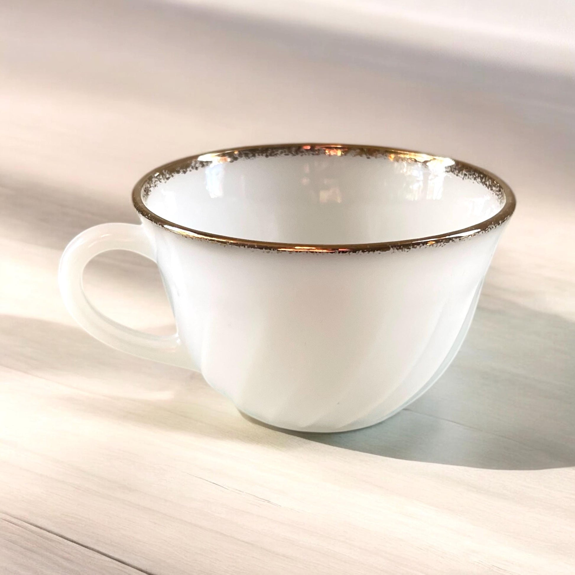 Fire King Milk Golden Anniversary Cup & Saucer | Fire King Milk Glass Swirl | Vintage Anchor Hocking Gold Rim Milk Glass Cup and Saucer