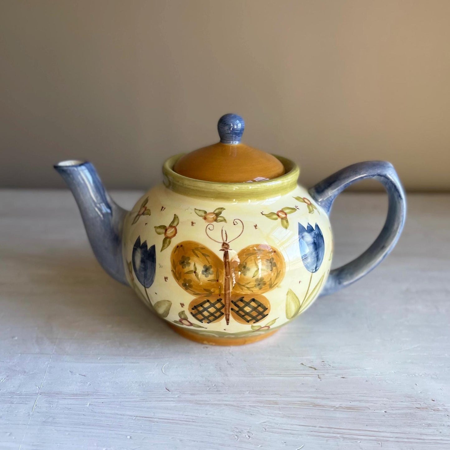 Lang Simple Life Butterfly Teapot | Hand-Painted Earthenware | Cream and Brown Garden Design | Karen Hillard Crouch Homestyle Ceramics