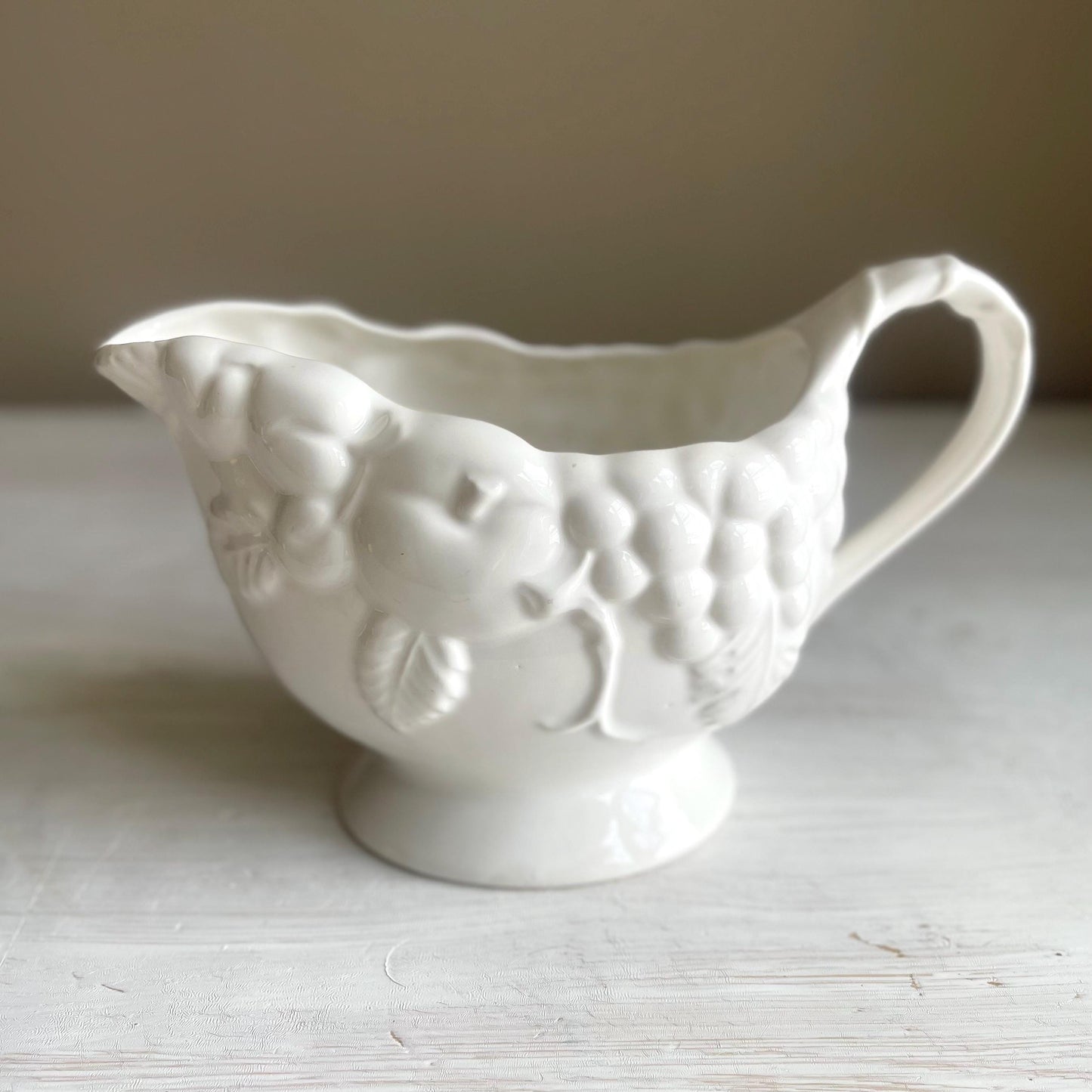 Vintage Sig Japan Porcelain Gravy Boat: Embossed Grape Design