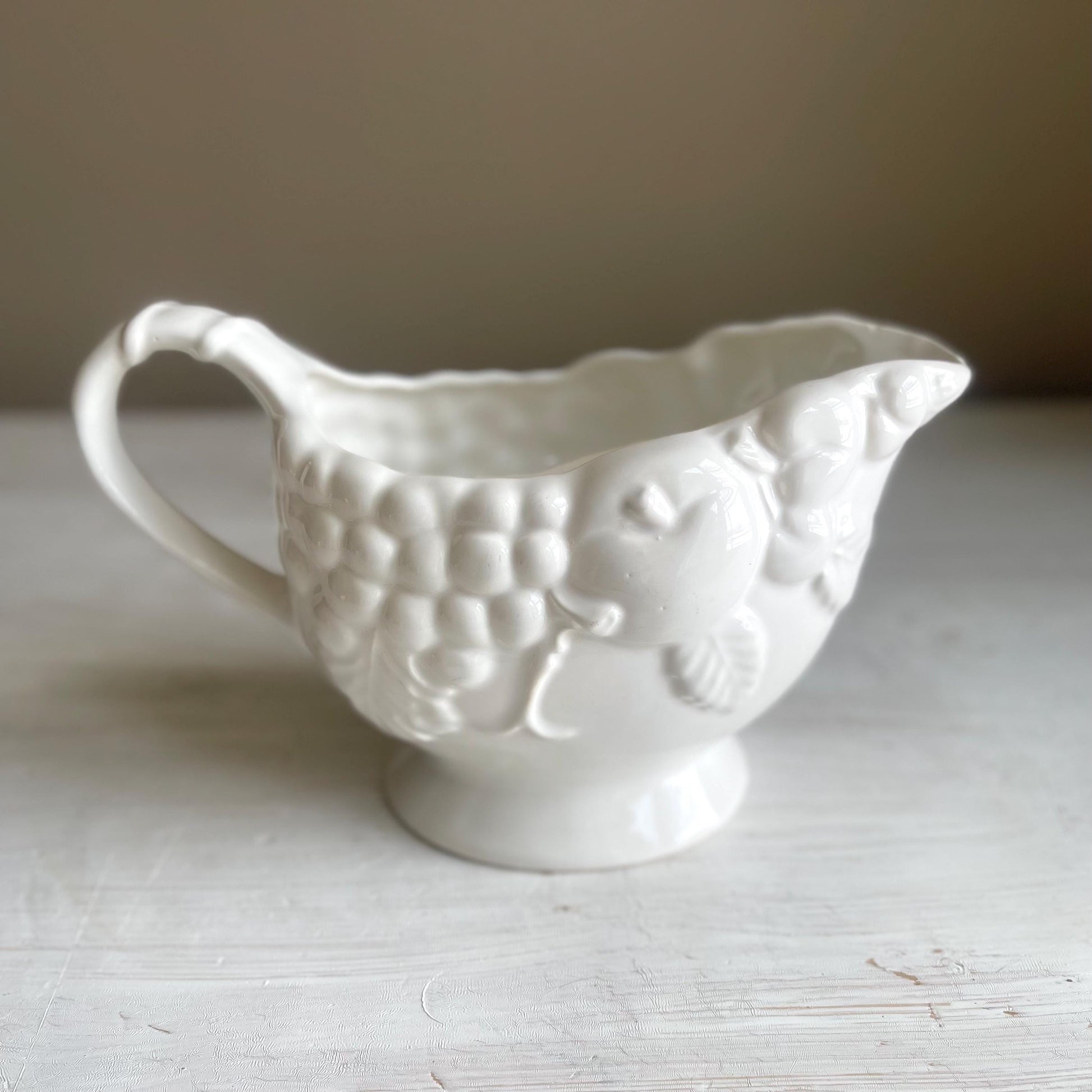 Vintage Sig Japan Porcelain Gravy Boat: Embossed Grape Design