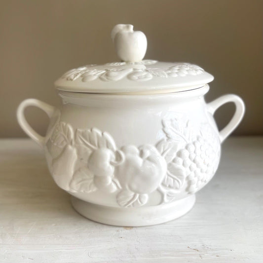 Soup Tureen - Vintage White Ceramic Soup Tureen | Embossed Fruit Design | Nature by Tablestop Unlimited