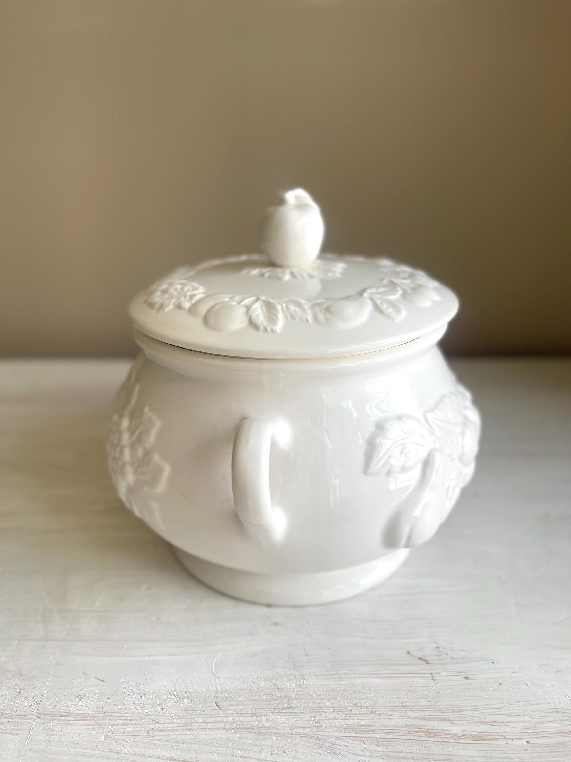 Vintage White Ceramic Soup Tureen: Embossed Fruit Relief Design