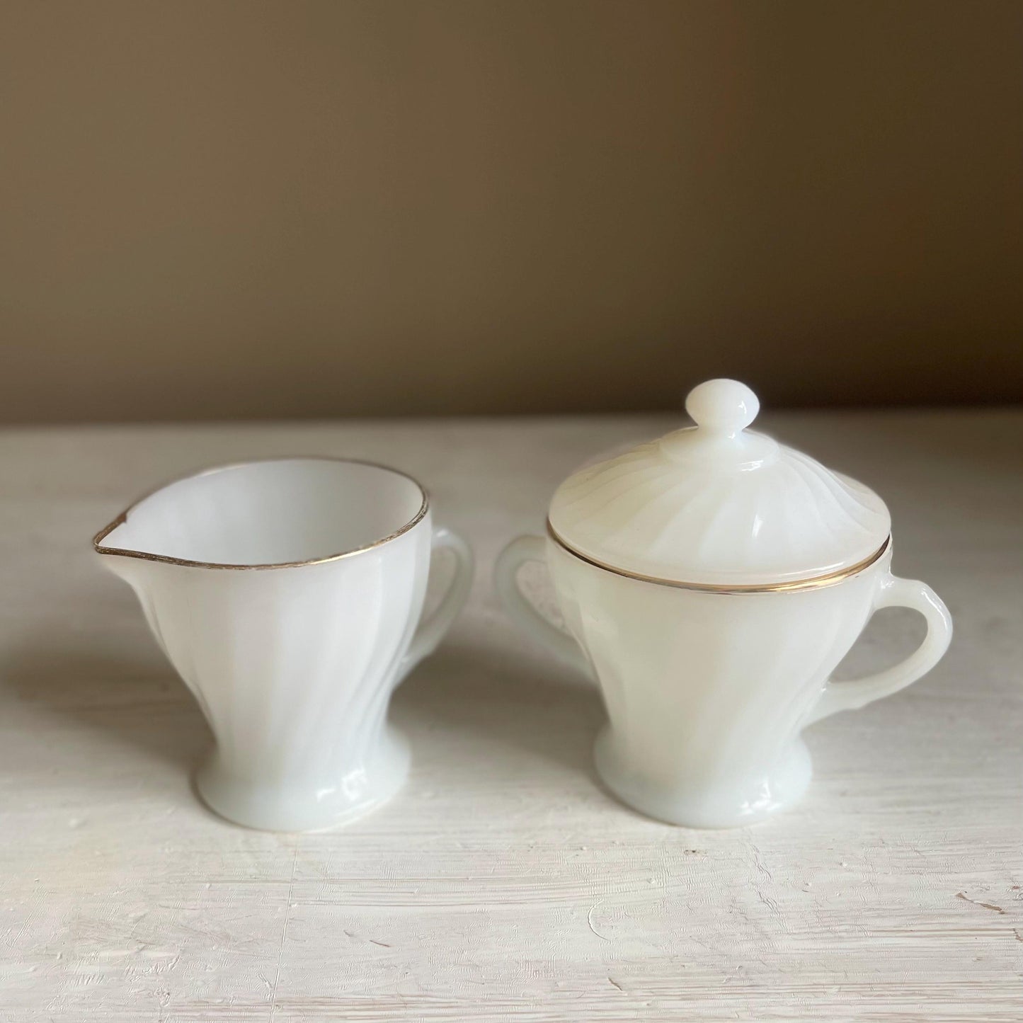 Fire King Milk Glass Golden Anniversary Cream and Sugar | Fire King Milk Glass Swirl | Vintage Anchor Hocking Gold Rim Milk Glass