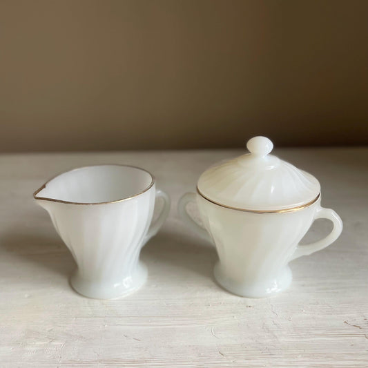 Fire King Milk Glass Golden Anniversary Cream and Sugar | Fire King Milk Glass Swirl | Vintage Anchor Hocking Gold Rim Milk Glass
