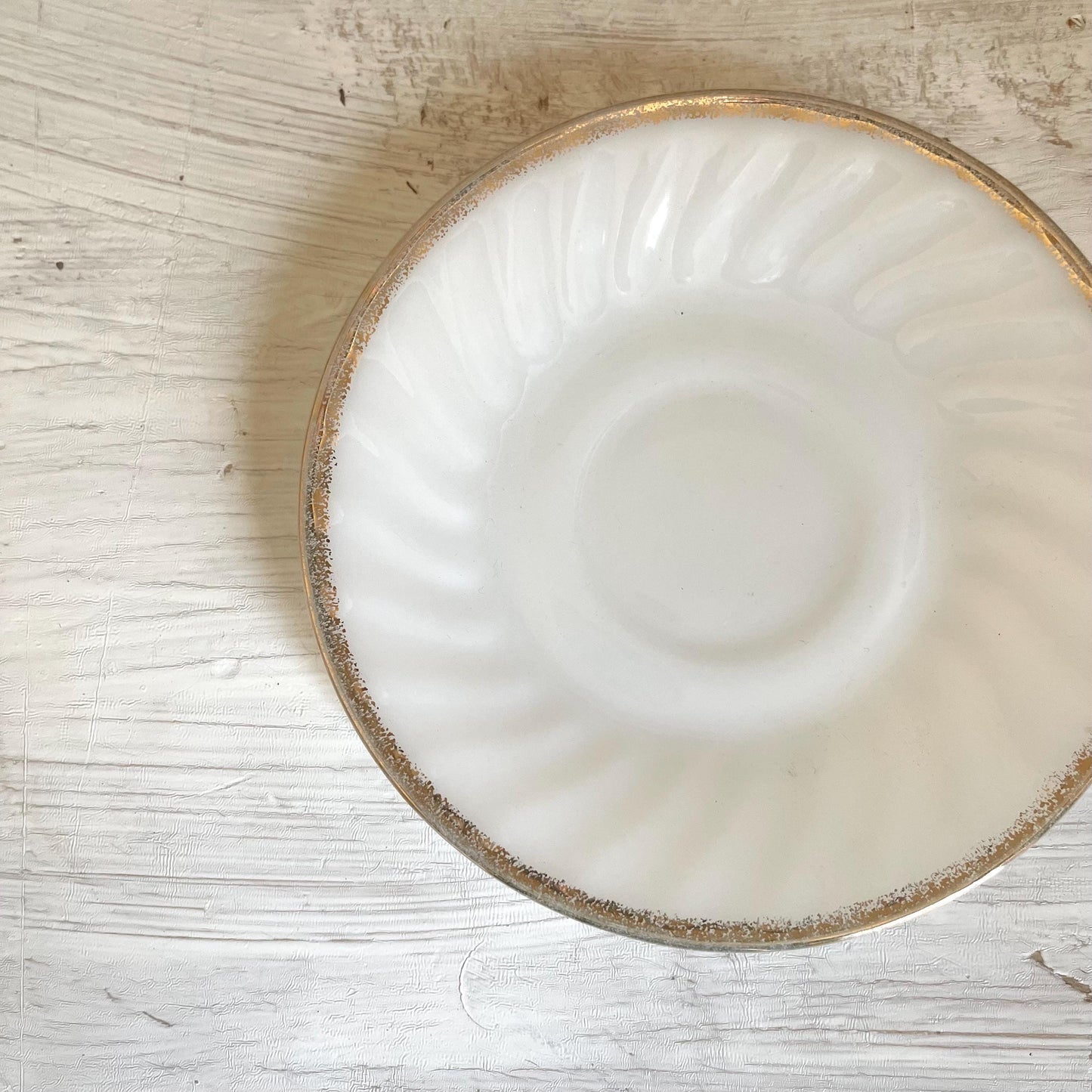 Fire King Milk Golden Anniversary Saucer | Fire King Milk Glass Swirl | Vintage Anchor Hocking Gold Rim Milk Saucer