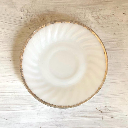 Fire King Milk Golden Anniversary Saucer | Fire King Milk Glass Swirl | Vintage Anchor Hocking Gold Rim Milk Saucer