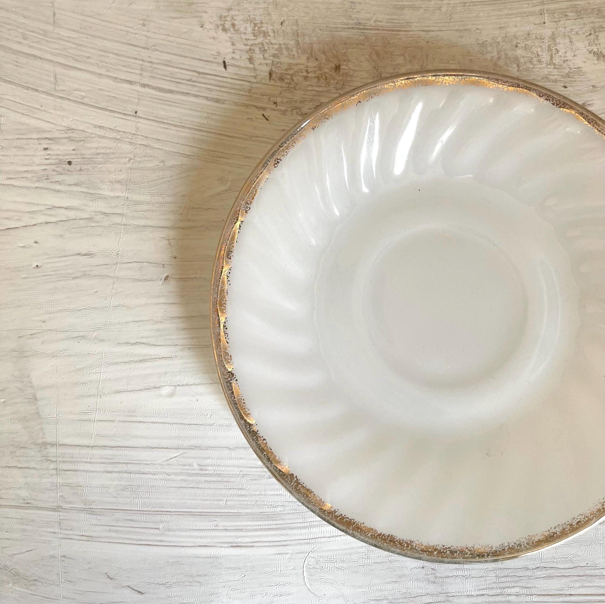 Fire King Milk Golden Anniversary Saucer | Fire King Milk Glass Swirl | Vintage Anchor Hocking Gold Rim Milk Saucer