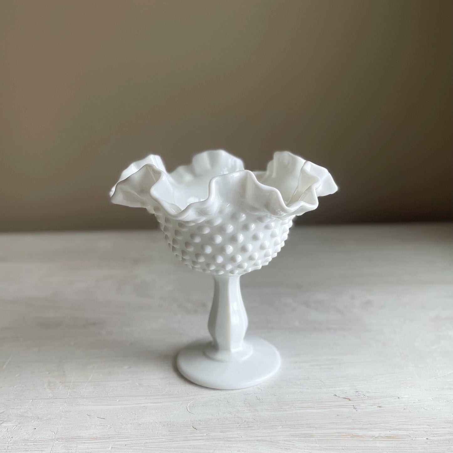 Fenton Milk Glass Compote with Ruffled Edge - 6 Inch Hobnail Milk Glass Compote - Vintage Fenton Milk Glass Collection - Cottage Decor