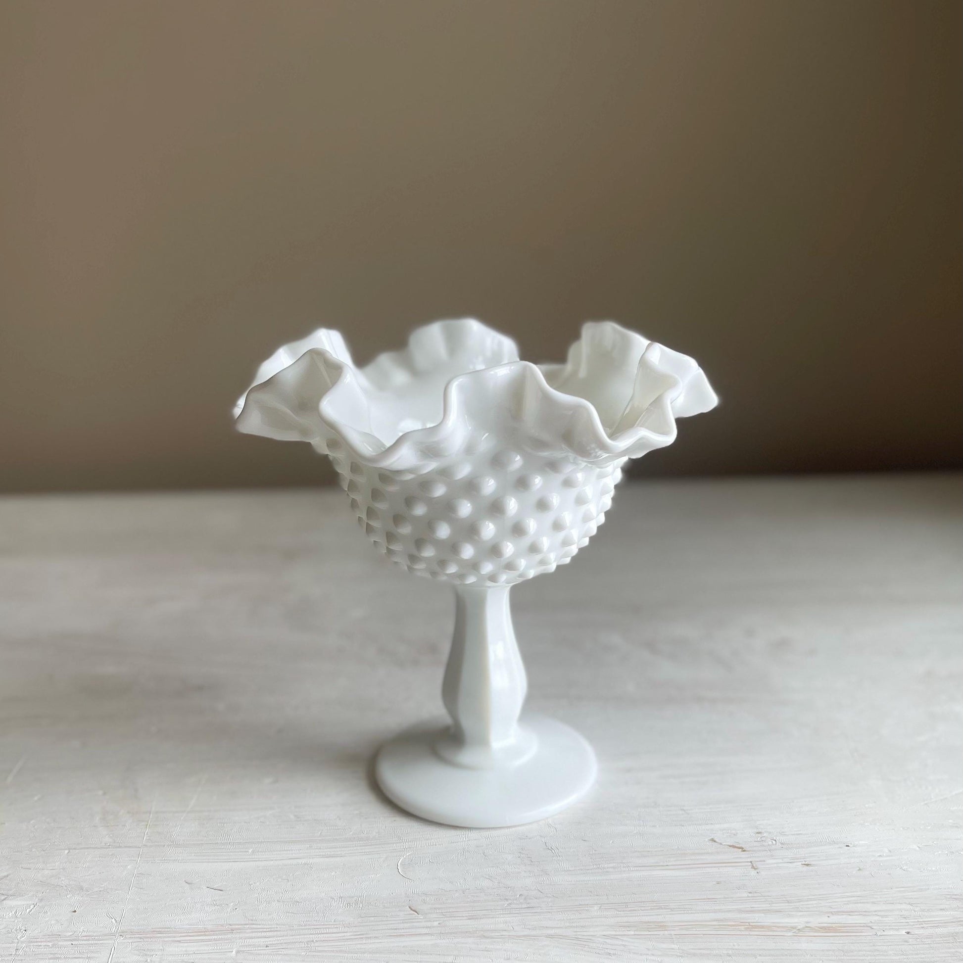 Fenton Milk Glass Compote with Ruffled Edge - 6 Inch Hobnail Milk Glass Compote - Vintage Fenton Milk Glass Collection - Cottage Decor