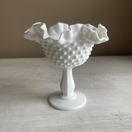 Fenton Milk Glass Compote with Ruffled Edge - 6 Inch Hobnail Milk Glass Compote - Vintage Fenton Milk Glass Collection - Cottage Decor