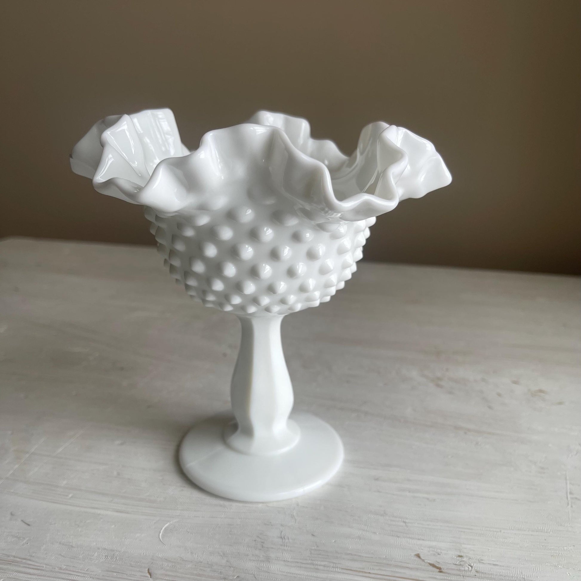Fenton Milk Glass Compote with Ruffled Edge - 6 Inch Hobnail Milk Glass Compote - Vintage Fenton Milk Glass Collection - Cottage Decor