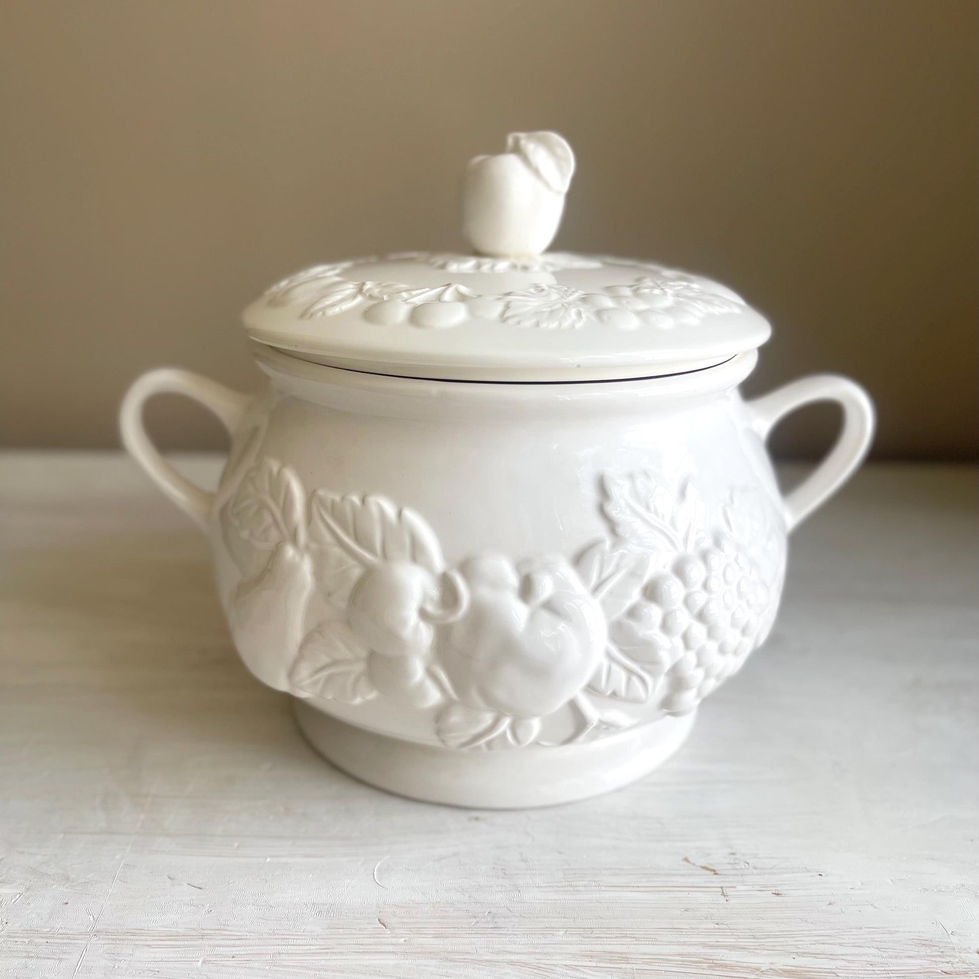 Vintage White Ceramic Soup Tureen: Embossed Fruit Relief Design