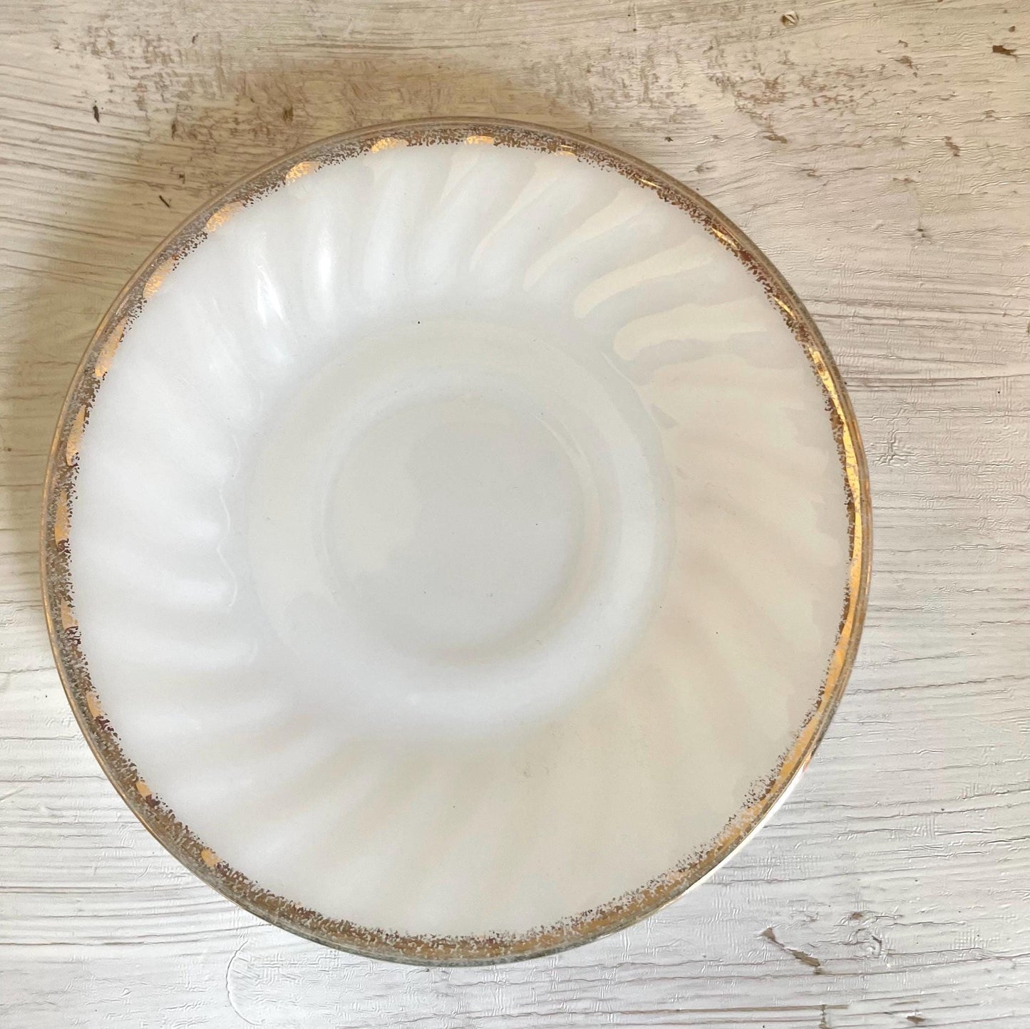 Vintage Fire King Milk Glass Saucers: Golden Anniversary Gold Rim, Set of 2