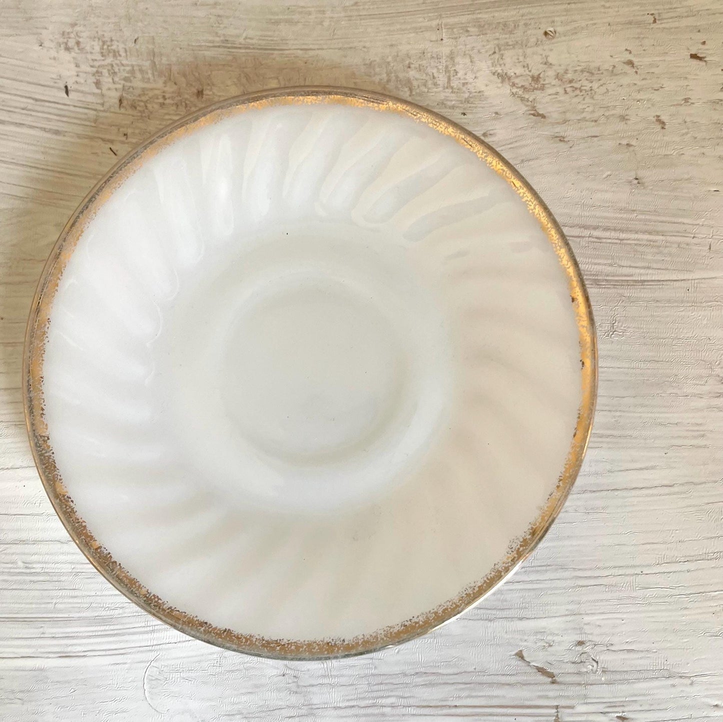 Vintage Fire King Milk Glass Saucers: Golden Anniversary Gold Rim, Set of 2