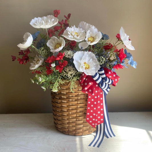 Patriotic Door Basket | 4th of July Decor | Memorial Day Floral Hanging Basket | Red White Blue Wreath for Front Door | Front Door Decor